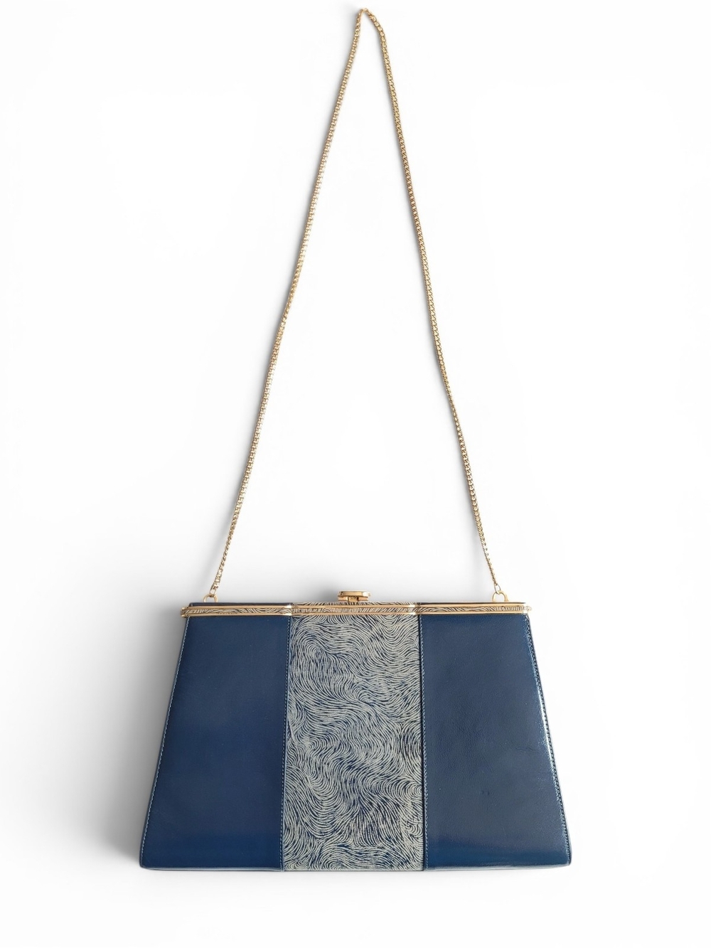Vintage 1950s West Germany Leather Clutch Solid Brass Chain Navy